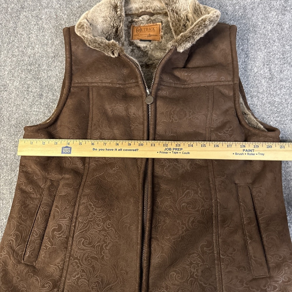Outback Trading Co. Tooled Vest Women's Large Brown Full Zip Faux Fur Western - Picture 6 of 7
